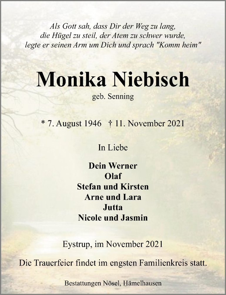  Traueranzeige für Monika Niebisch vom 20.11.2021 aus SYK