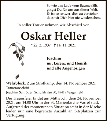 Traueranzeige von Oskar Heller von SYK