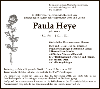 Traueranzeige von Paula Heye von SYK