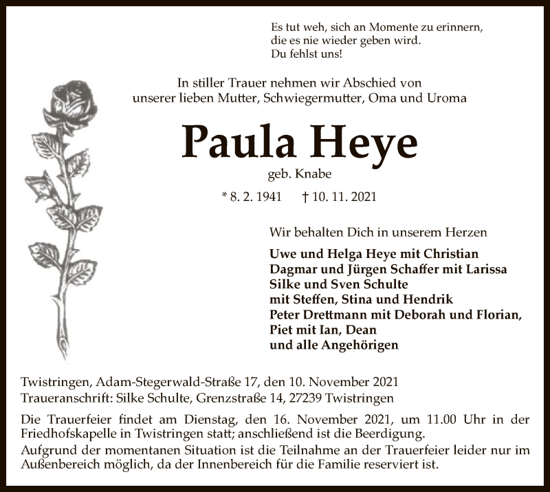  Traueranzeige für Paula Heye vom 13.11.2021 aus SYK