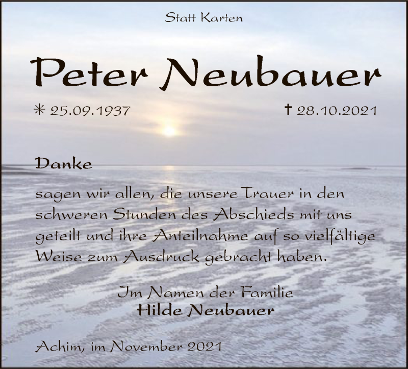  Traueranzeige für Peter Neubauer vom 20.11.2021 aus SYK