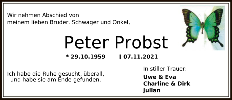  Traueranzeige für Peter Probst vom 13.11.2021 aus SYK