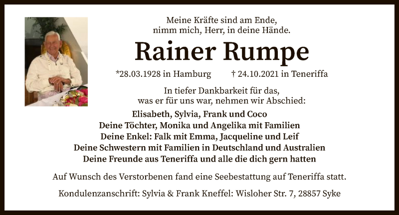  Traueranzeige für Rainer Rumpe vom 06.11.2021 aus SYK