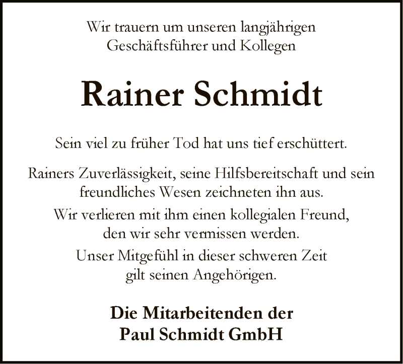  Traueranzeige für Rainer Schmidt vom 24.11.2021 aus SYK