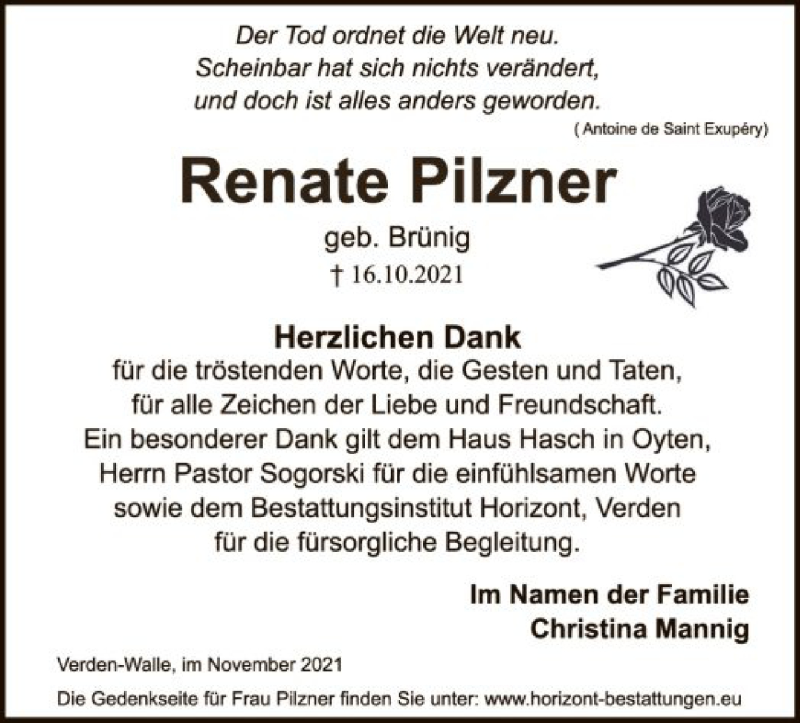  Traueranzeige für Renate Pilzner vom 27.11.2021 aus SYK