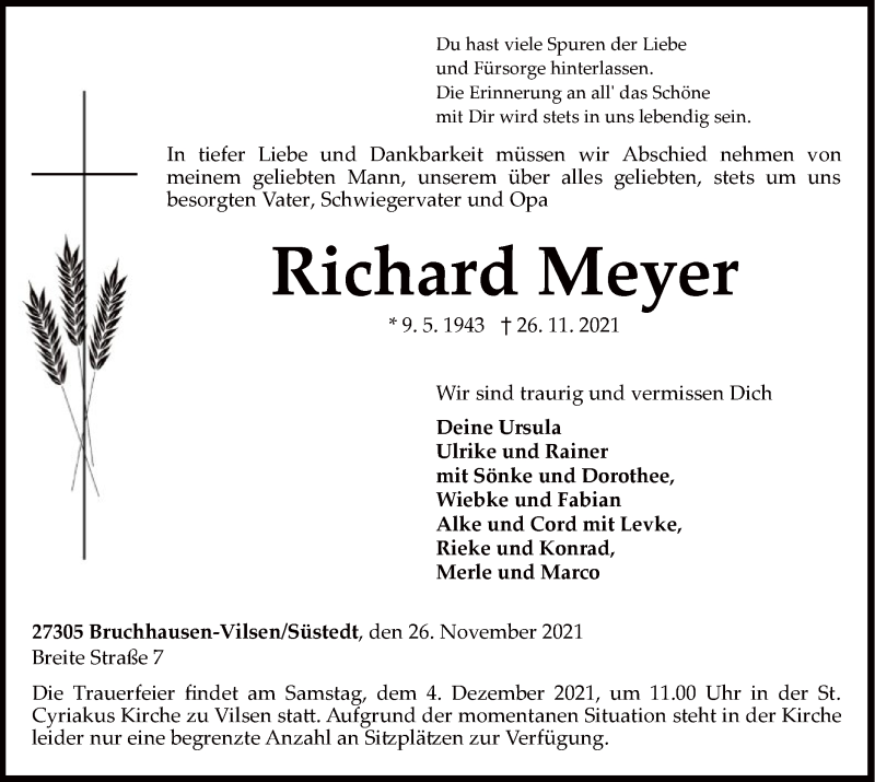  Traueranzeige für Richard Meyer vom 30.11.2021 aus SYK