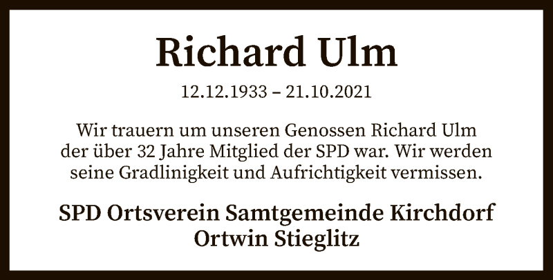  Traueranzeige für Richard Ulm vom 02.11.2021 aus SYK