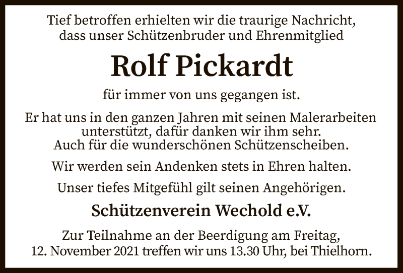  Traueranzeige für Rolf Pickardt vom 10.11.2021 aus SYK