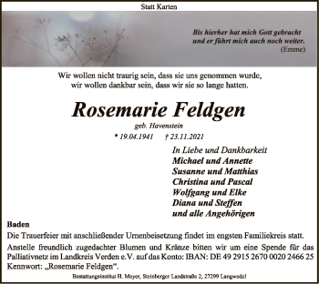 Traueranzeige von Rosemarie Feldgen von SYK