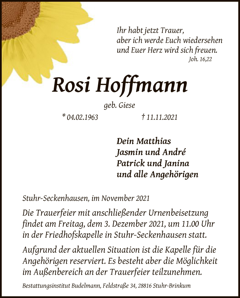  Traueranzeige für Rosi Hoffmann vom 27.11.2021 aus SYK