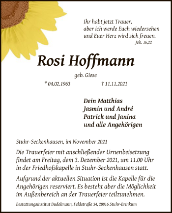 Traueranzeige von Rosi Hoffmann von SYK