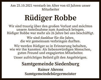 Traueranzeige von Rüdiger Robbe von SYK