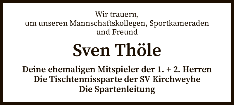  Traueranzeige für Sven Thöle vom 16.11.2021 aus SYK