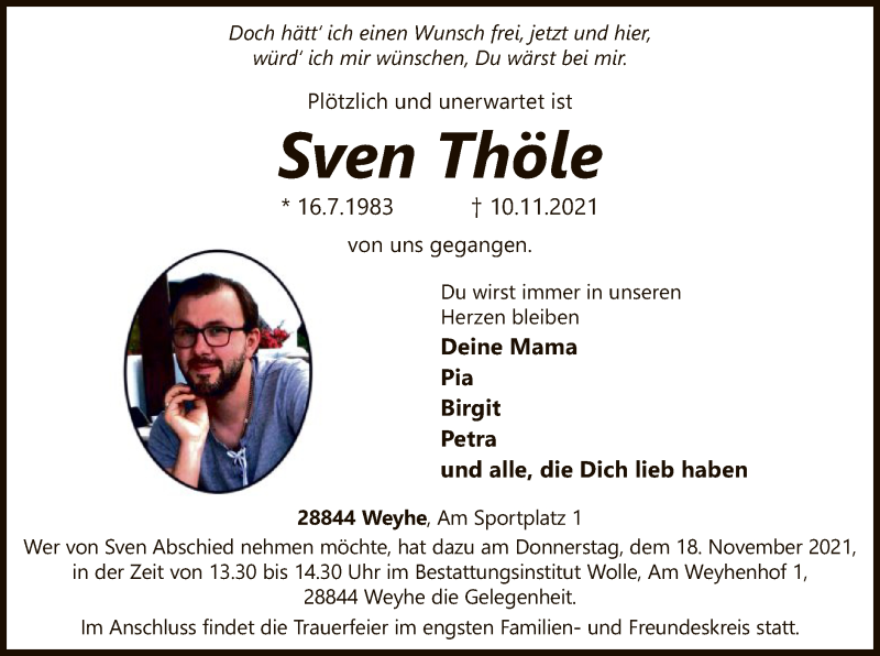  Traueranzeige für Sven Thöle vom 13.11.2021 aus SYK