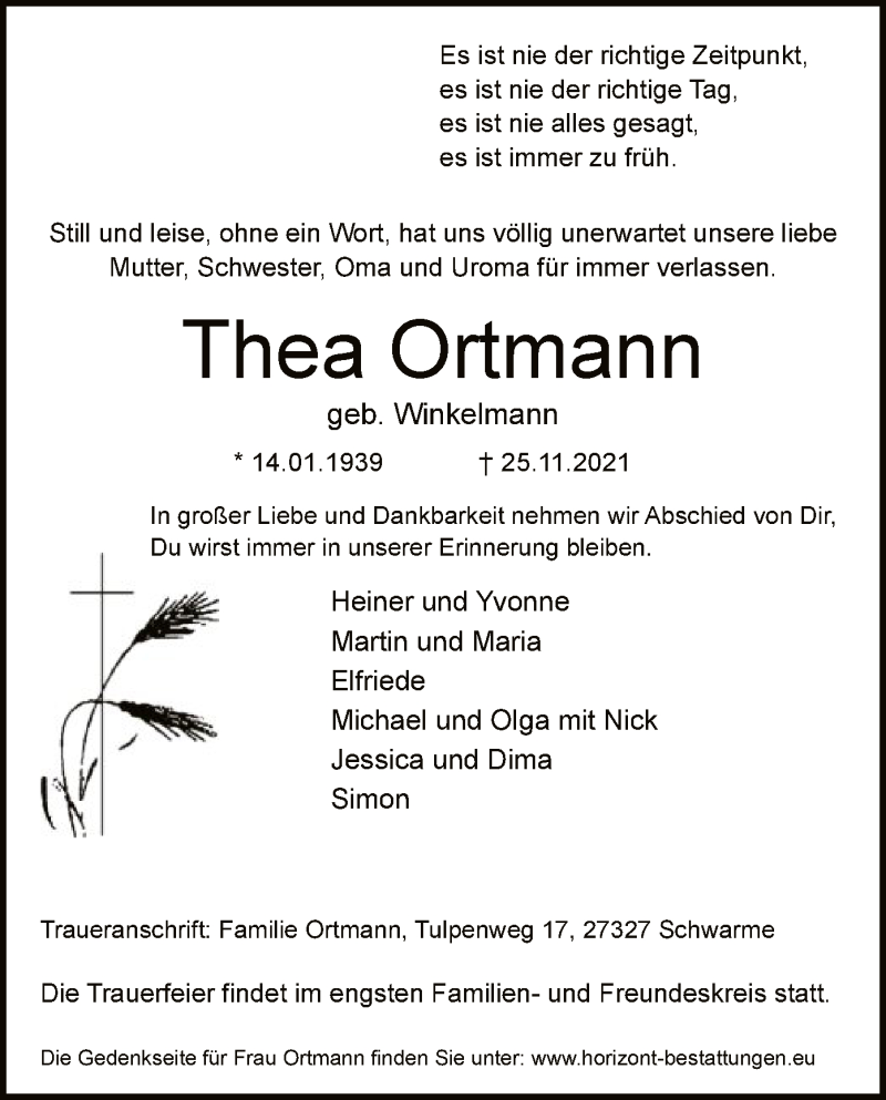  Traueranzeige für Thea Ortmann vom 30.11.2021 aus SYK
