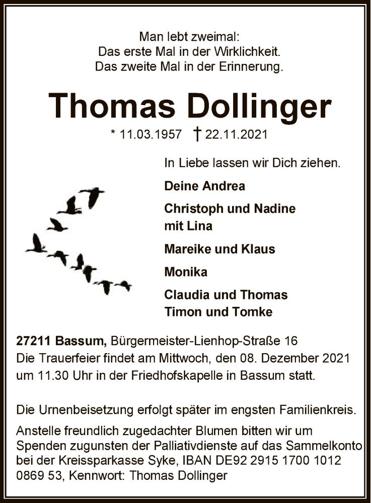  Traueranzeige für Thomas Dollinger vom 27.11.2021 aus SYK