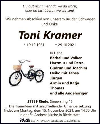 Traueranzeige von Toni Kramer von SYK