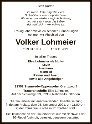 Traueranzeige von Volker Lohmeier von SYK