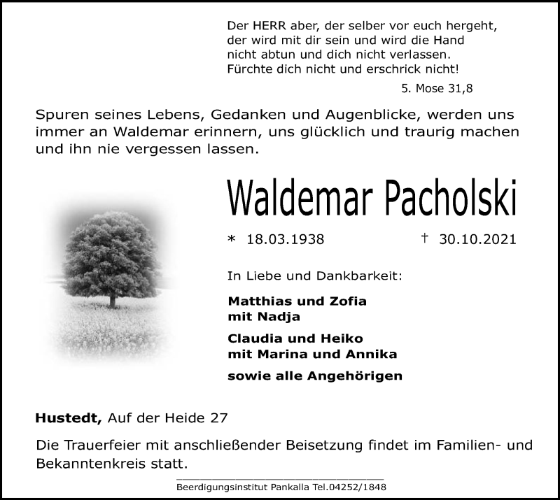  Traueranzeige für Waldemar Pacholski vom 03.11.2021 aus SYK