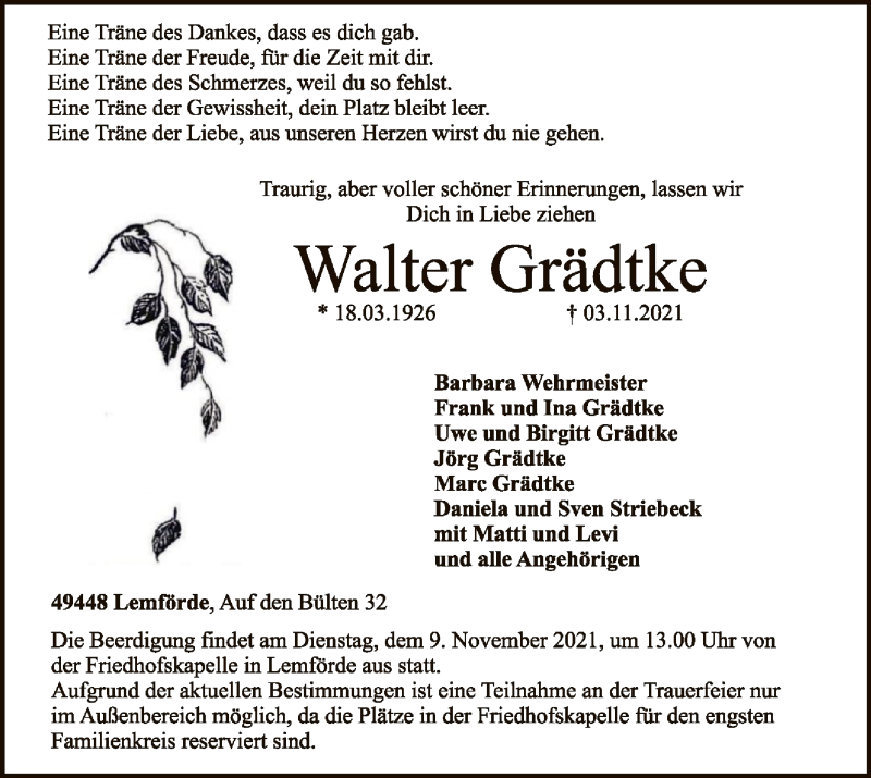  Traueranzeige für Walter Grädtke vom 05.11.2021 aus SYK