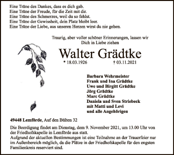 Traueranzeige von Walter Grädtke von SYK