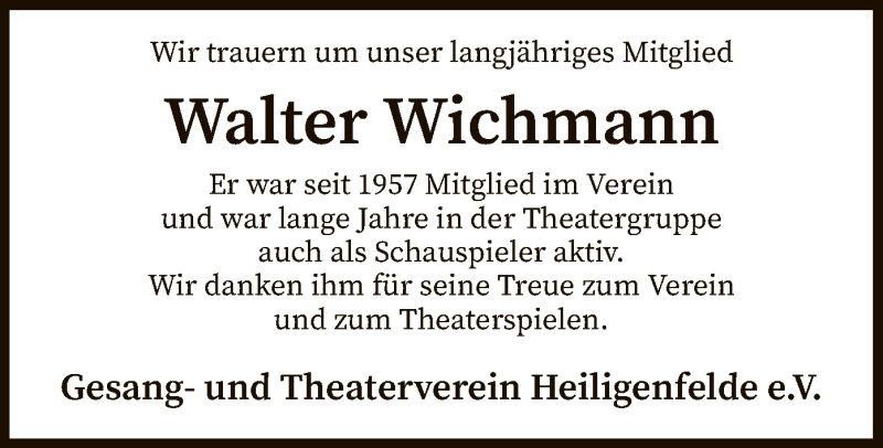  Traueranzeige für Walter Wichmann vom 19.11.2021 aus SYK