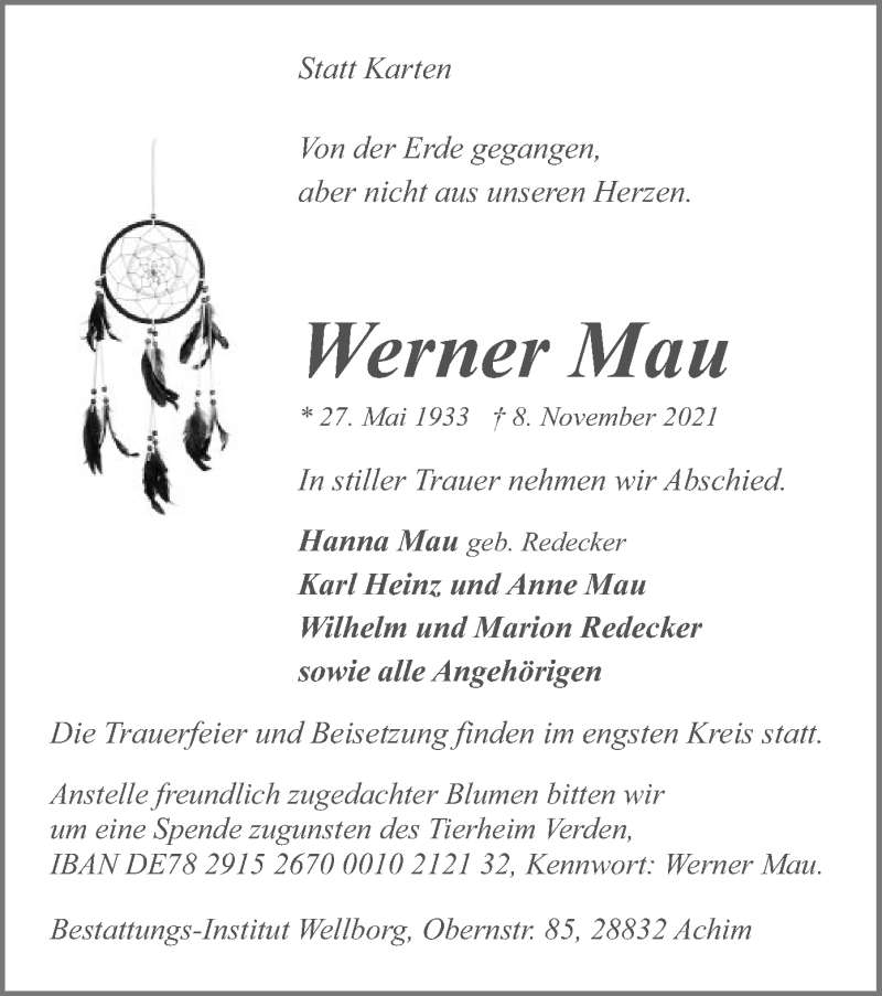  Traueranzeige für Werner Mau vom 13.11.2021 aus SYK