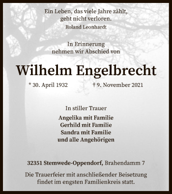 Traueranzeige von Wilhelm Engelbrecht von SYK