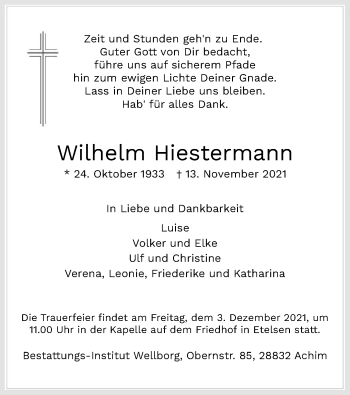 Traueranzeige von Wilhelm Hiestermann von SYK