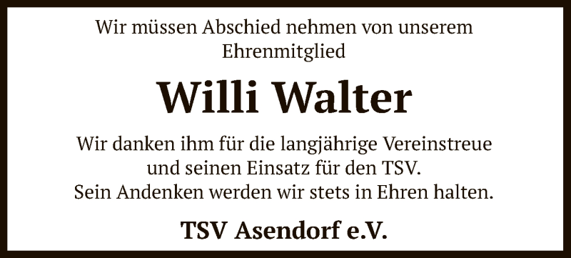  Traueranzeige für Willi Walter vom 10.11.2021 aus SYK