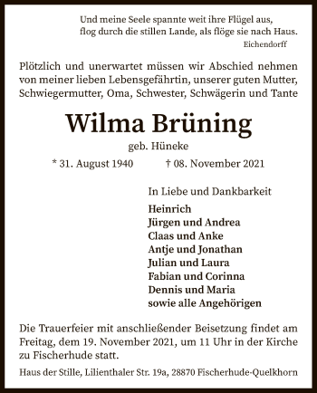 Traueranzeige von Wilma Brüning von SYK