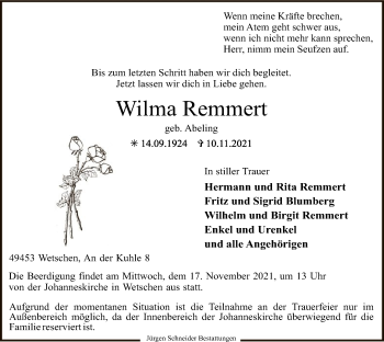 Traueranzeige von Wilma Remmert von SYK