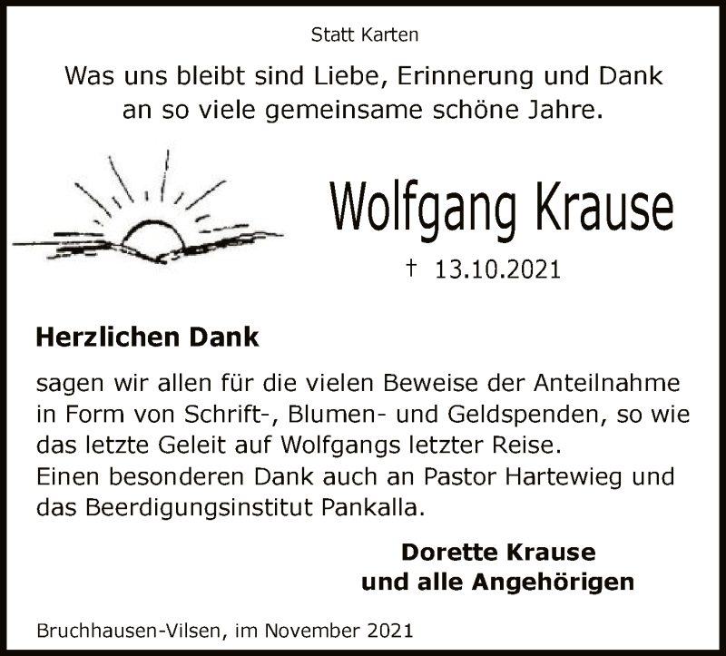  Traueranzeige für Wolfgang Krause vom 27.11.2021 aus SYK