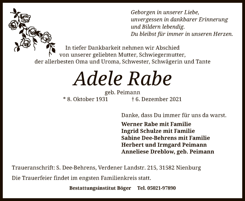  Traueranzeige für Adele Rabe vom 11.12.2021 aus SYK