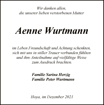 Traueranzeige von Aenne Wurtmann von SYK