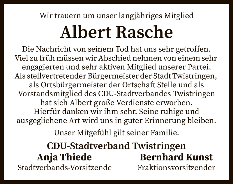  Traueranzeige für Albert Rasche vom 14.12.2021 aus SYK