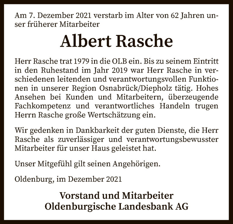  Traueranzeige für Albert Rasche vom 14.12.2021 aus SYK