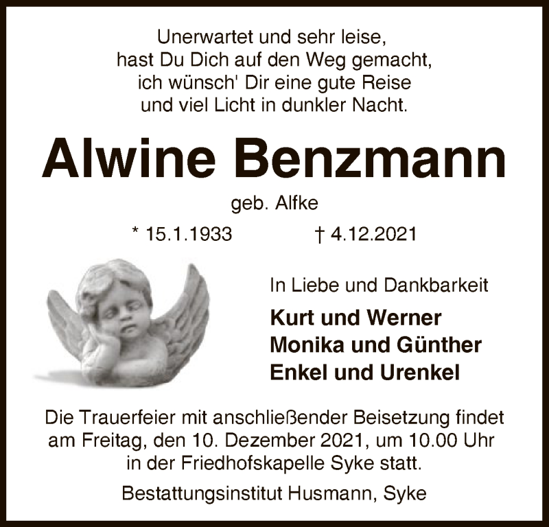  Traueranzeige für Alwine Benzmann vom 08.12.2021 aus SYK