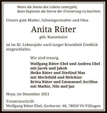 Traueranzeige von Anita Rüter von SYK