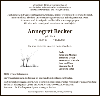 Traueranzeige von Annegret Becker von SYK