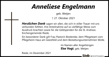 Traueranzeige von Anneliese Engelmann von SYK