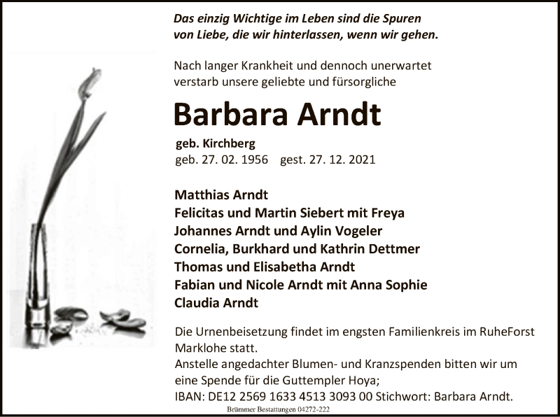  Traueranzeige für Barbara Arndt vom 30.12.2021 aus SYK