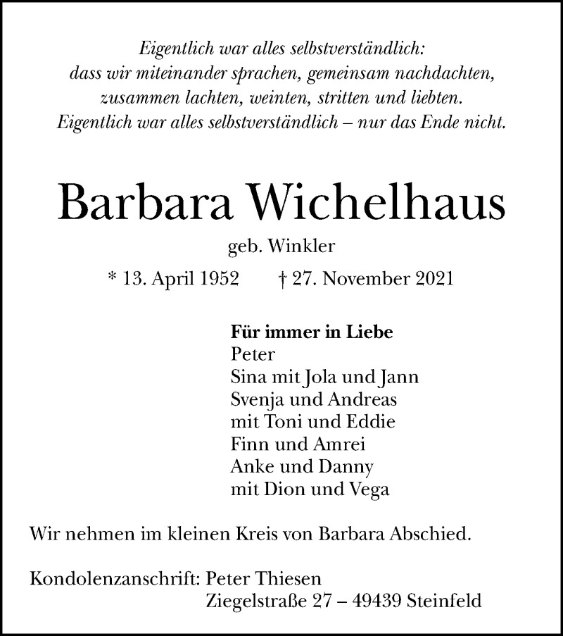  Traueranzeige für Barbara Wichelhaus vom 04.12.2021 aus SYK