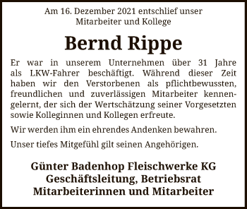 Traueranzeige von Bernd Rippe von SYK