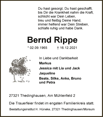 Traueranzeige von Bernd Rippe von SYK