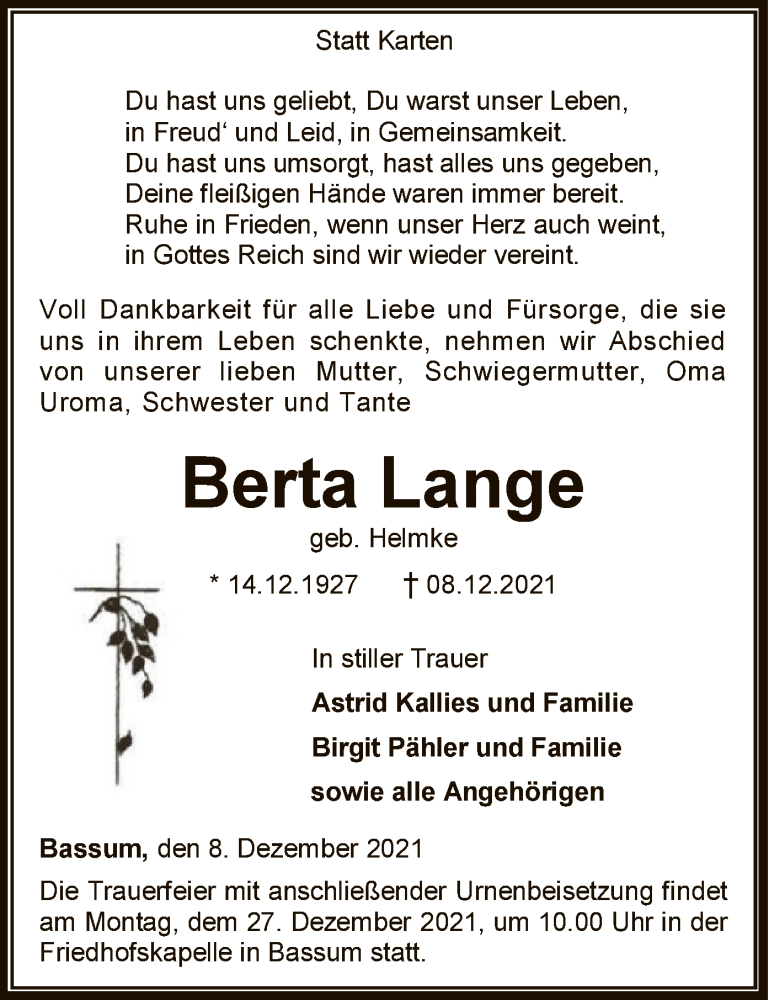  Traueranzeige für Berta Lange vom 11.12.2021 aus SYK