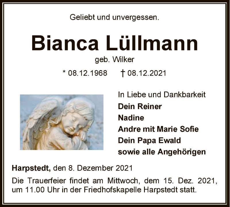  Traueranzeige für Bianca Lüllmann vom 11.12.2021 aus SYK