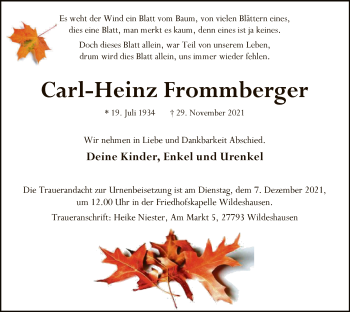 Traueranzeige von Carl-Heinz Frommberger von SYK