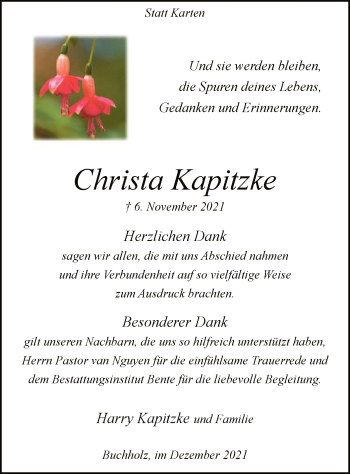 Traueranzeige von Christa Kapitzke von SYK