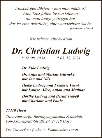 Traueranzeige von Christian Ludwig von SYK